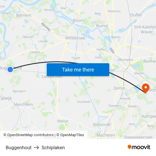 Buggenhout to Schiplaken map