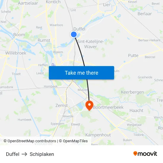 Duffel to Schiplaken map