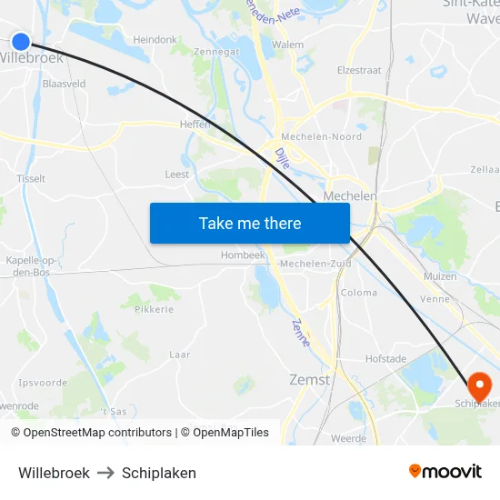 Willebroek to Schiplaken map