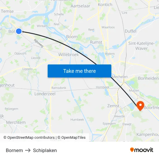 Bornem to Schiplaken map