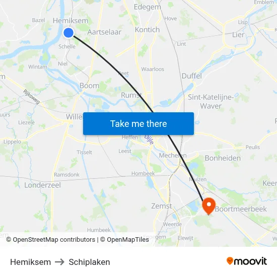 Hemiksem to Schiplaken map