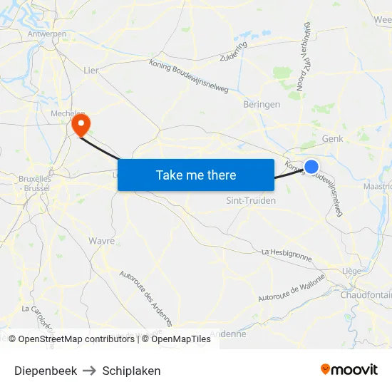 Diepenbeek to Schiplaken map