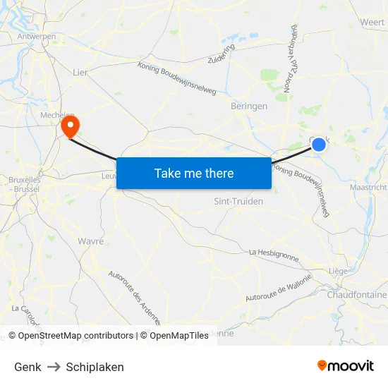 Genk to Schiplaken map