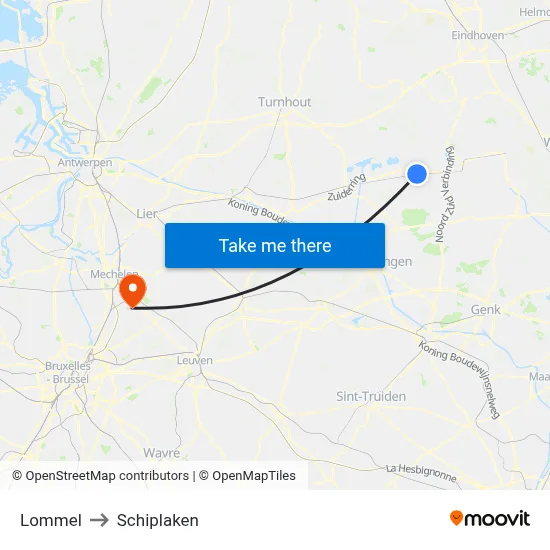 Lommel to Schiplaken map