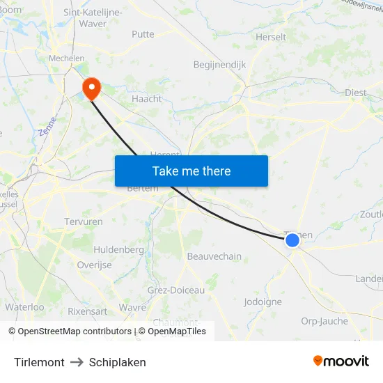 Tirlemont to Schiplaken map