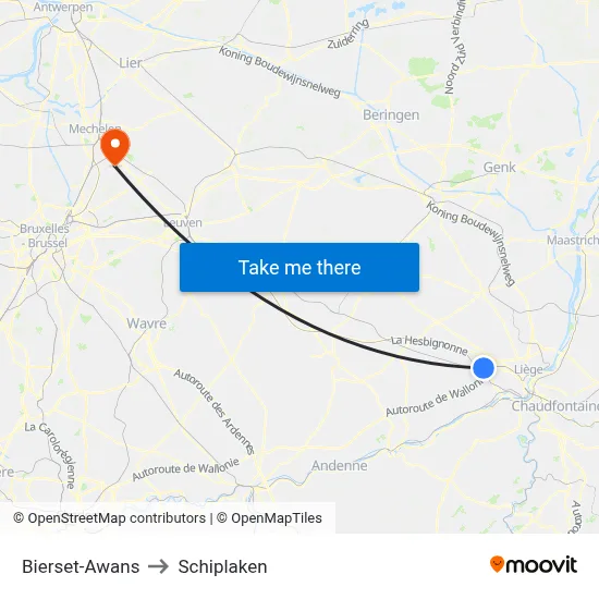 Bierset-Awans to Schiplaken map
