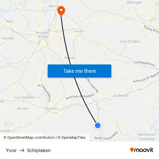 Yvoir to Schiplaken map