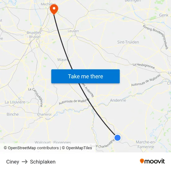 Ciney to Schiplaken map