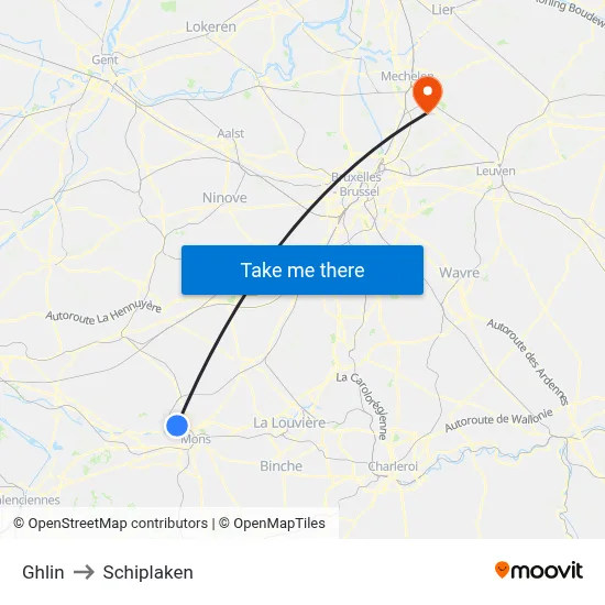 Ghlin to Schiplaken map