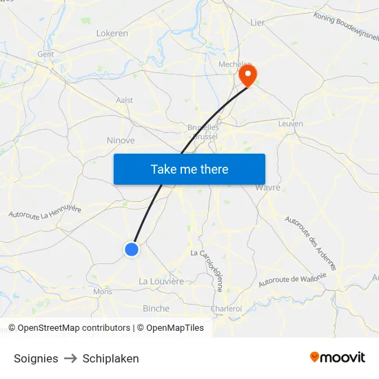 Soignies to Schiplaken map