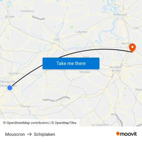 Mouscron to Schiplaken map