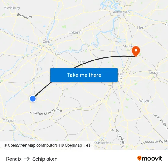 Renaix to Schiplaken map
