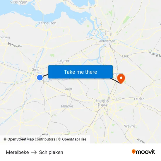 Merelbeke to Schiplaken map