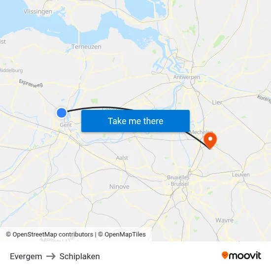 Evergem to Schiplaken map