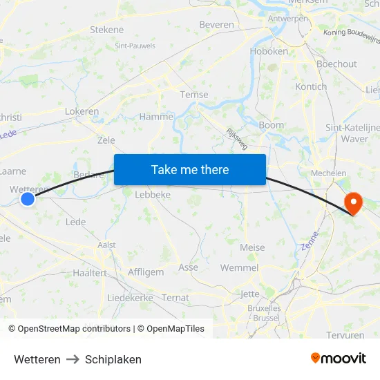 Wetteren to Schiplaken map