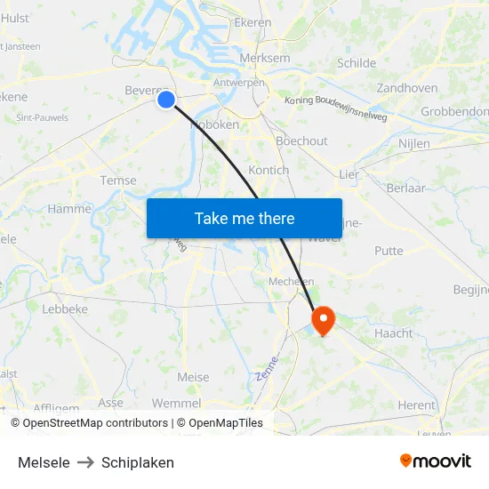 Melsele to Schiplaken map