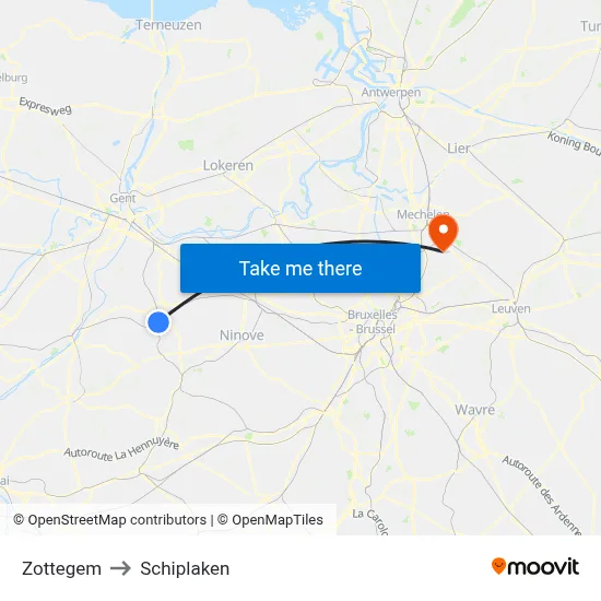 Zottegem to Schiplaken map