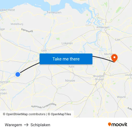 Waregem to Schiplaken map