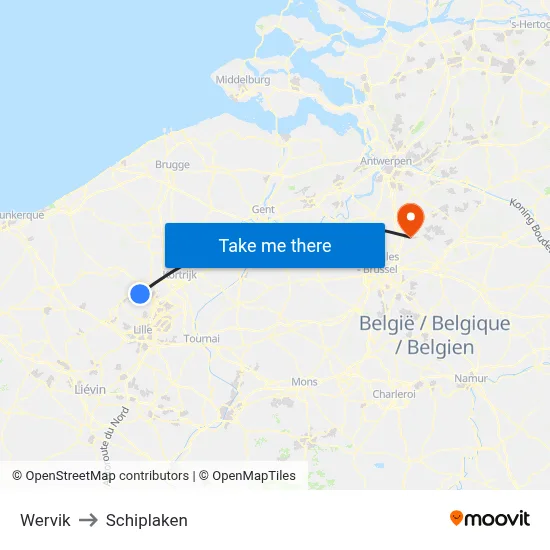 Wervik to Schiplaken map