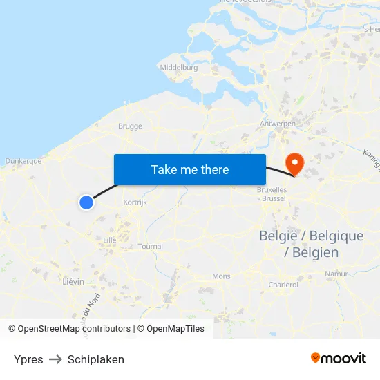 Ypres to Schiplaken map