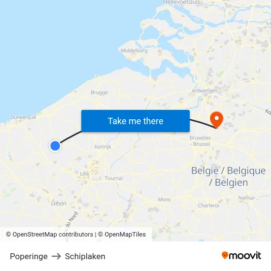 Poperinge to Schiplaken map