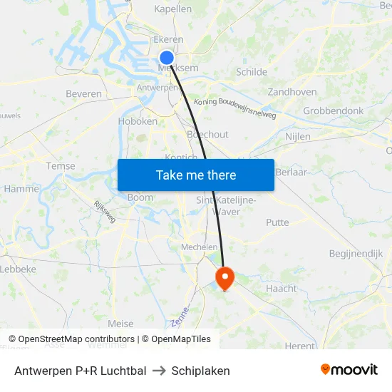 Antwerp P+R Luchtbal to Schiplaken map