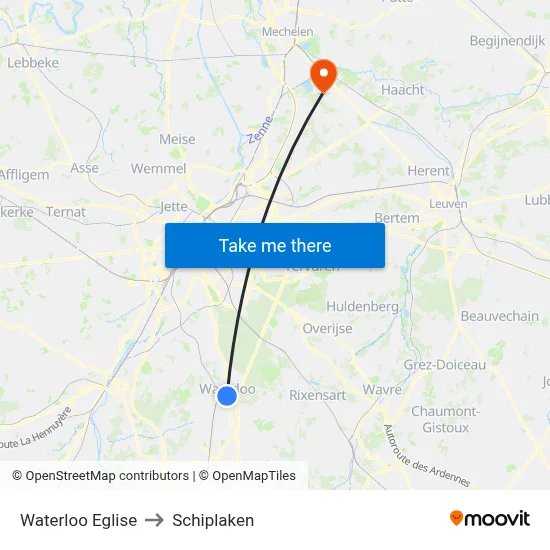 Waterloo Eglise to Schiplaken map