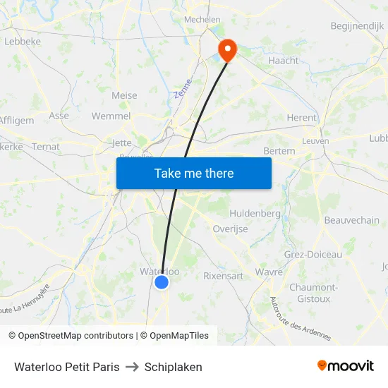 Waterloo Petit Paris to Schiplaken map