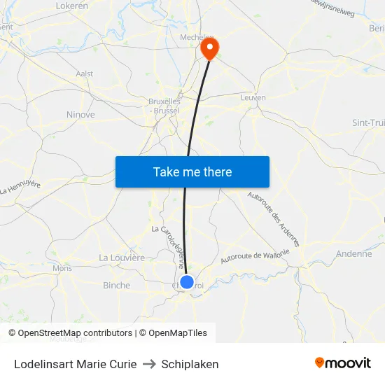 Lodelinsart Marie Curie to Schiplaken map
