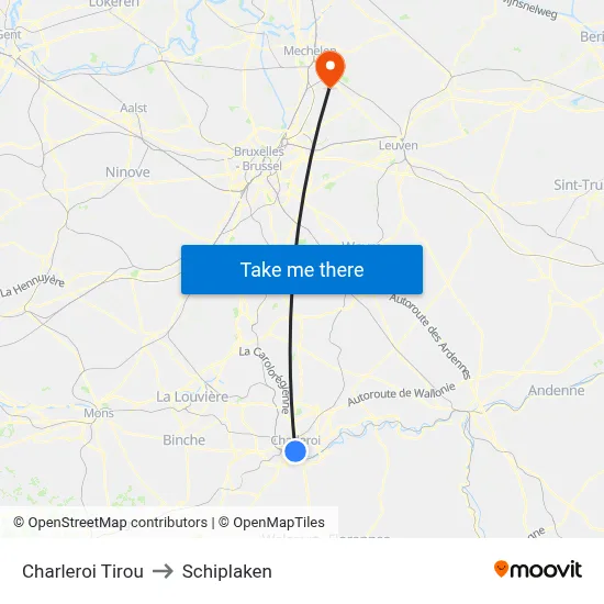 Charleroi Tirou to Schiplaken map
