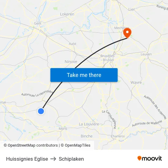 Huissignies Eglise to Schiplaken map