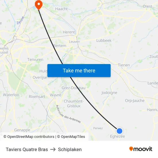 Taviers Quatre Bras to Schiplaken map
