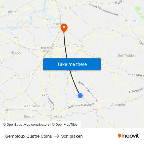 Gembloux Quatre Coins to Schiplaken map