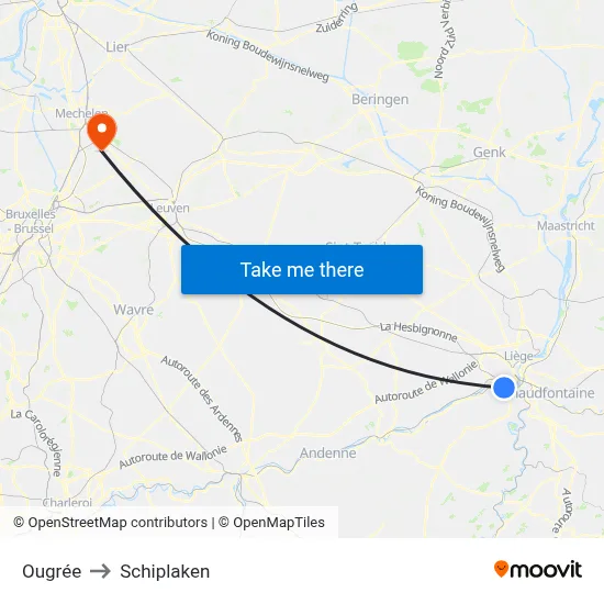 Ougrée to Schiplaken map
