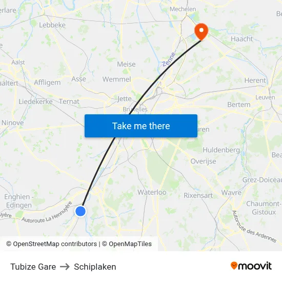 Tubize Gare to Schiplaken map