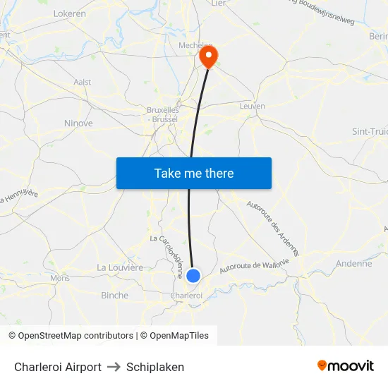 Charleroi Airport to Schiplaken map