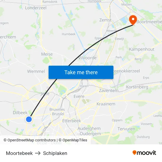 Moortebeek to Schiplaken map