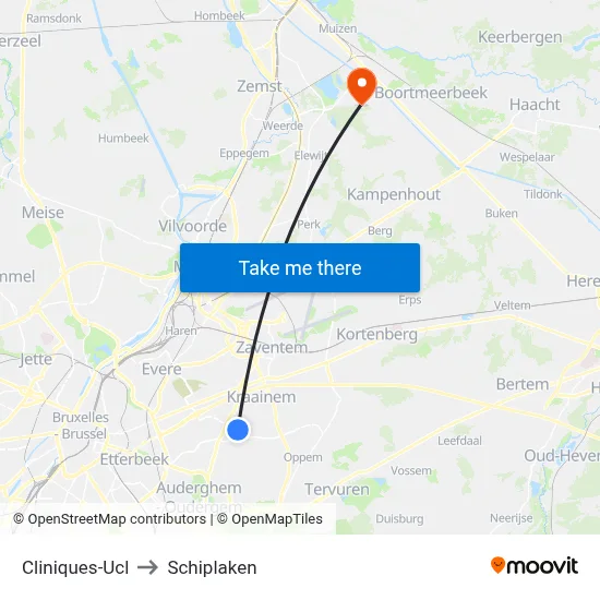 Cliniques-Ucl to Schiplaken map