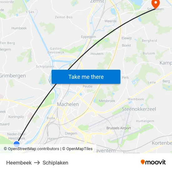 Heembeek to Schiplaken map