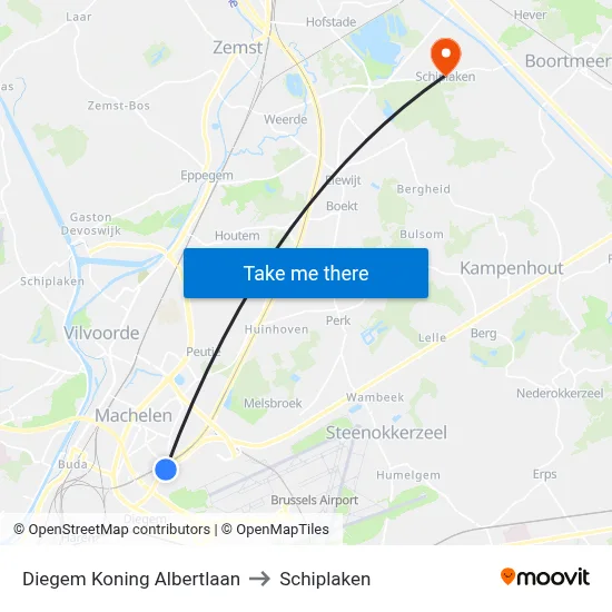 Diegem Koning Albertlaan to Schiplaken map