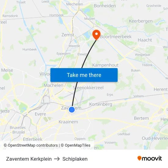 Zaventem Kerkplein to Schiplaken map