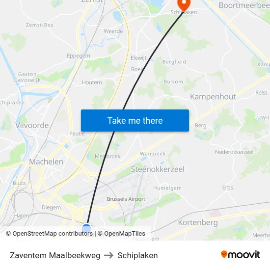 Zaventem Maalbeekweg to Schiplaken map