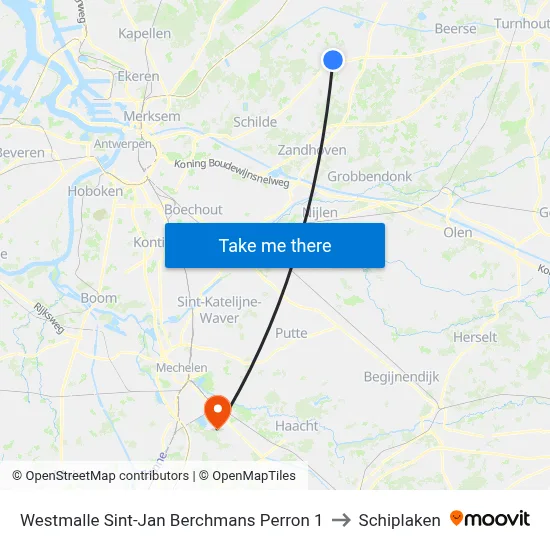 Westmalle Sint-Jan Berchmans Perron 1 to Schiplaken map