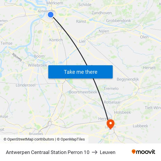 Antwerpen Centraal Station Perron 10 to Leuven map