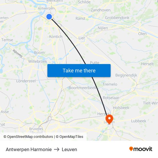 Antwerpen Harmonie to Leuven map