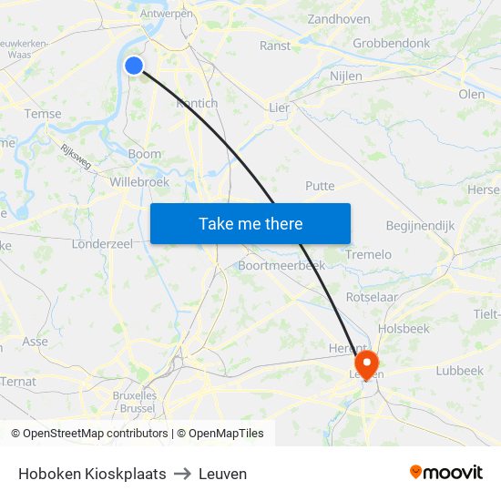 Hoboken Kioskplaats to Leuven map