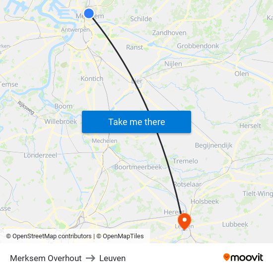 Merksem Overhout to Leuven map