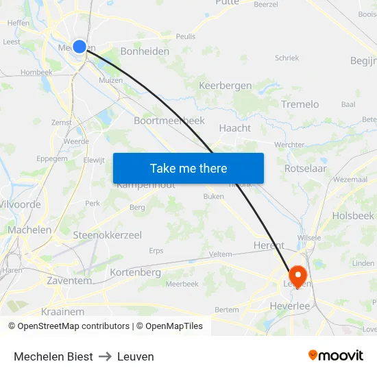 Mechelen Biest to Leuven map