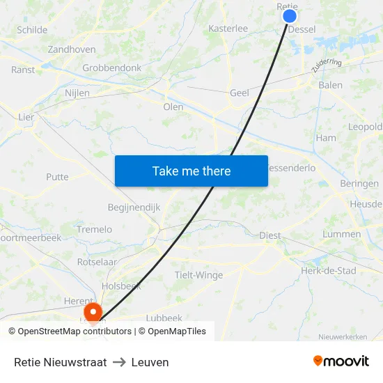 Retie New Street to Leuven map