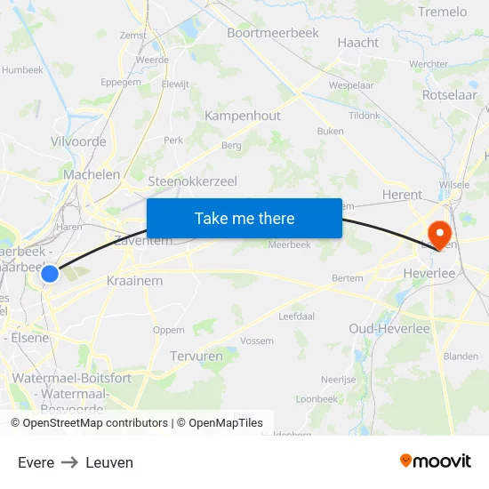 Evere to Leuven map